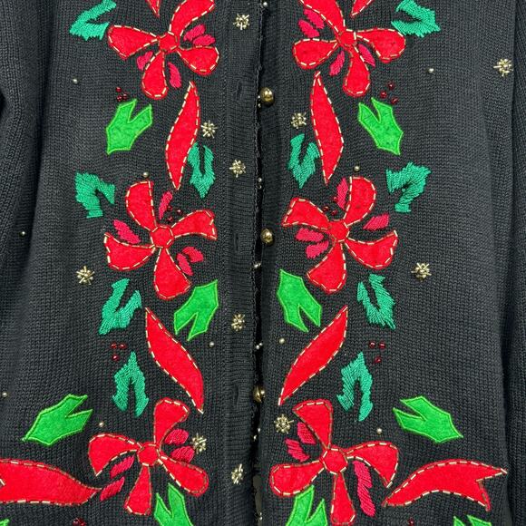 Vintage Christmas Mistletoe Embroidered Beaded Holly Knit Cardigan Sweater Sz - Picture 3 of 4